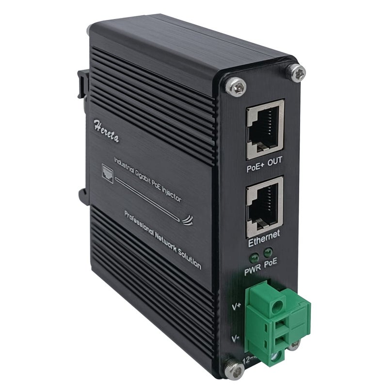 Hereta Hardened Industrial Gigabit PoE+ Injector 12-48VDC Input with DIN-Rail and Wall Mount Connecting The IEEE 802.3 af/at PoE Device (30W) - Image 1